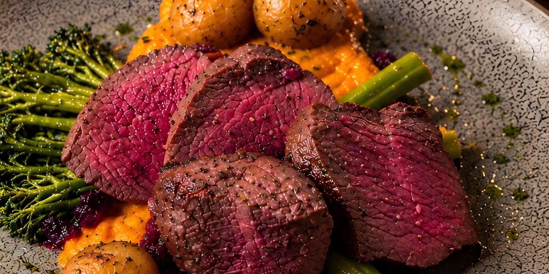 Skivet hjortefilet med gulrotpuré, småpoteter, brokkolini og tranebær på en grå tallerken, med levende lys i bakgrunnen
