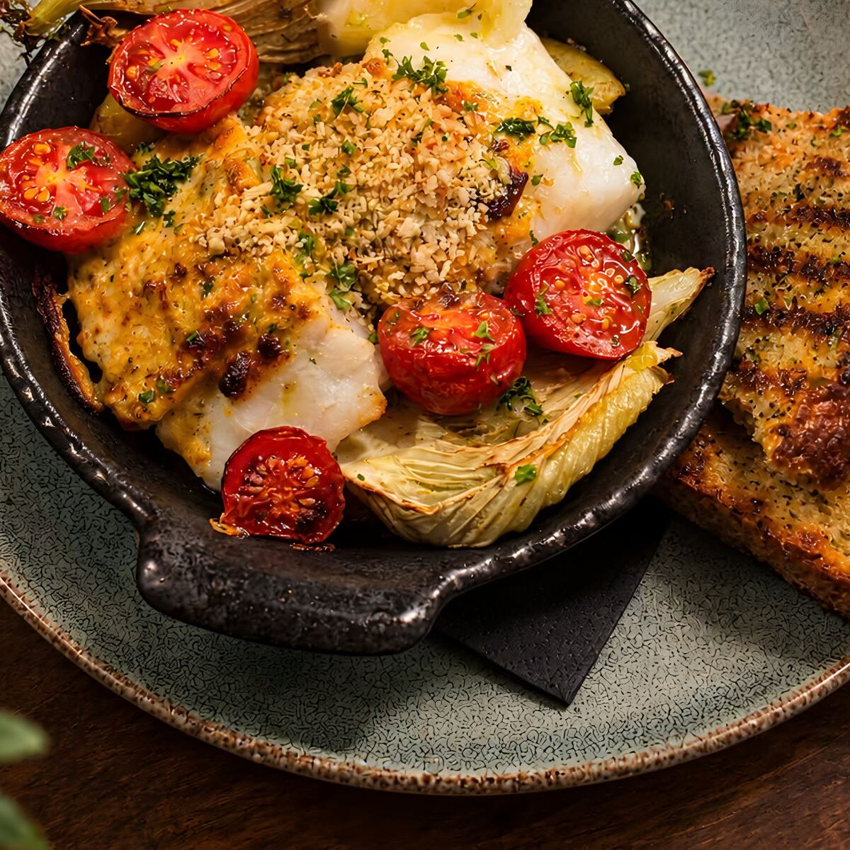 Bakt torsk med sprø crust i en støpejernsform med cherrytomater og fennikel, og grillet ølbrød ved siden av